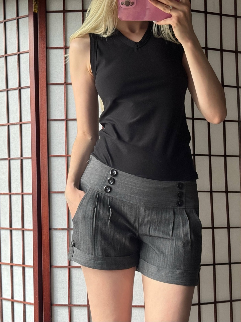 Guess Charcoal Pinstripe High-Waist Button Shorts